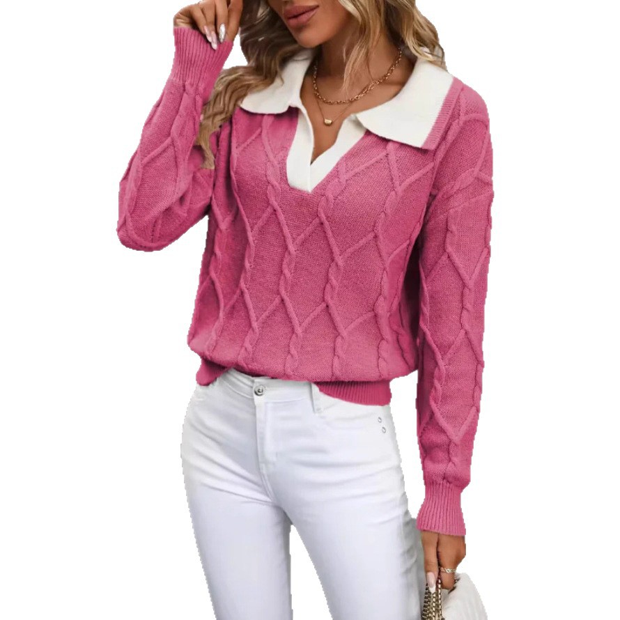 Elegant Color-Block Lapel Collar Long-Sleeve Knit Sweater