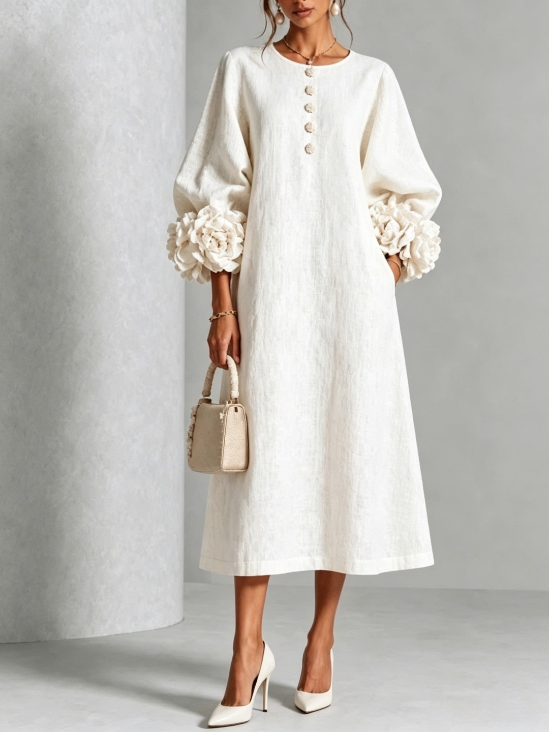 Women's Loose Round Neck Lantern Sleeve Floral Midi Dress