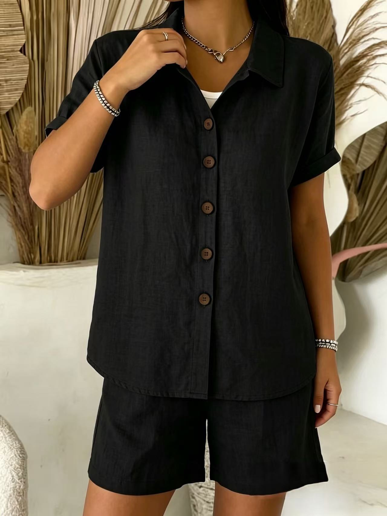 Women's Casual Button Cotton-Linen Short-Sleeve Shirt Set