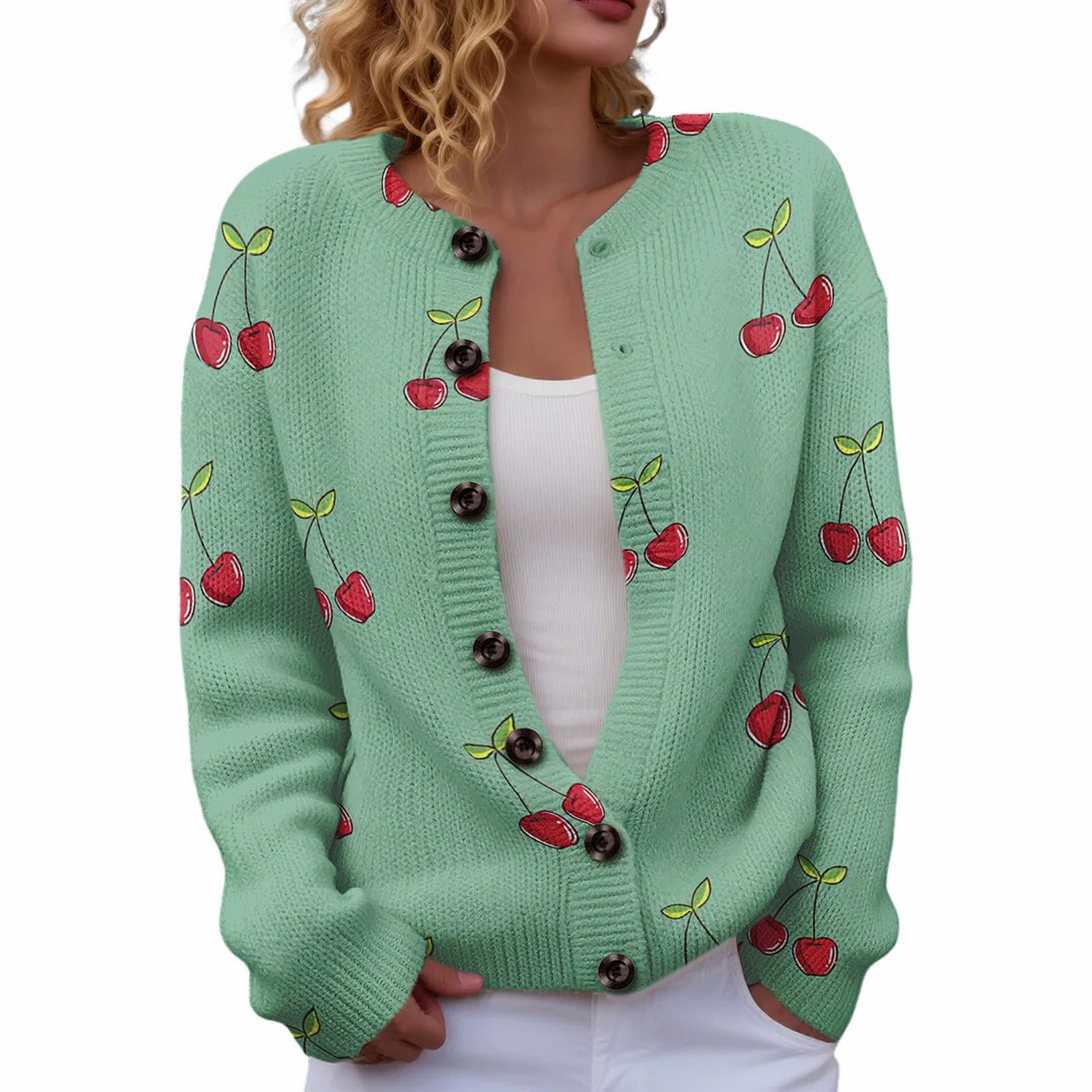 Women's Heart Ribbon Bow Cherry Print Cardigan