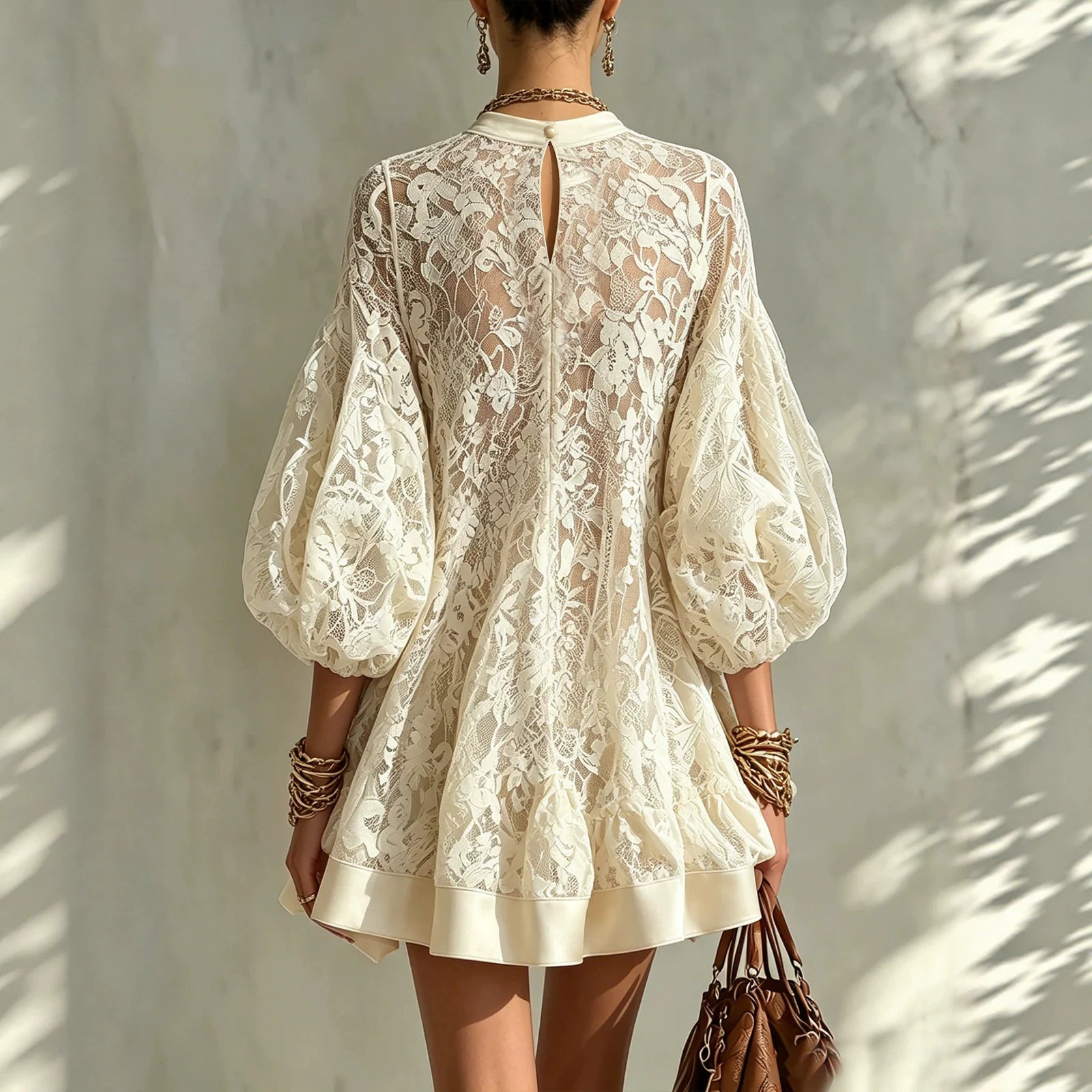 Lace Loose Midi Dress with Lantern Sleeves for Summer Beach Vacation