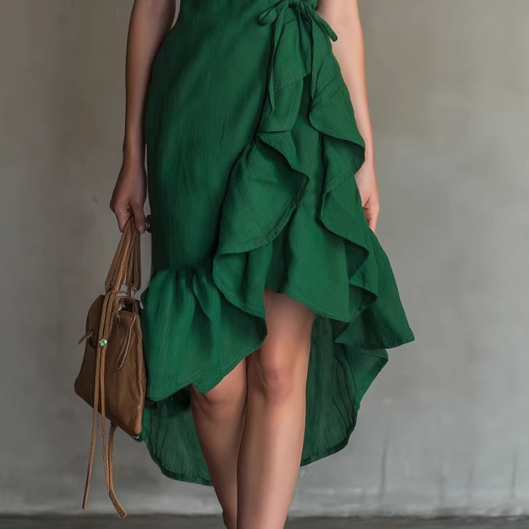 Irregular Ruffle Cami Dress Solid Color Cinched Waist Midi Dress