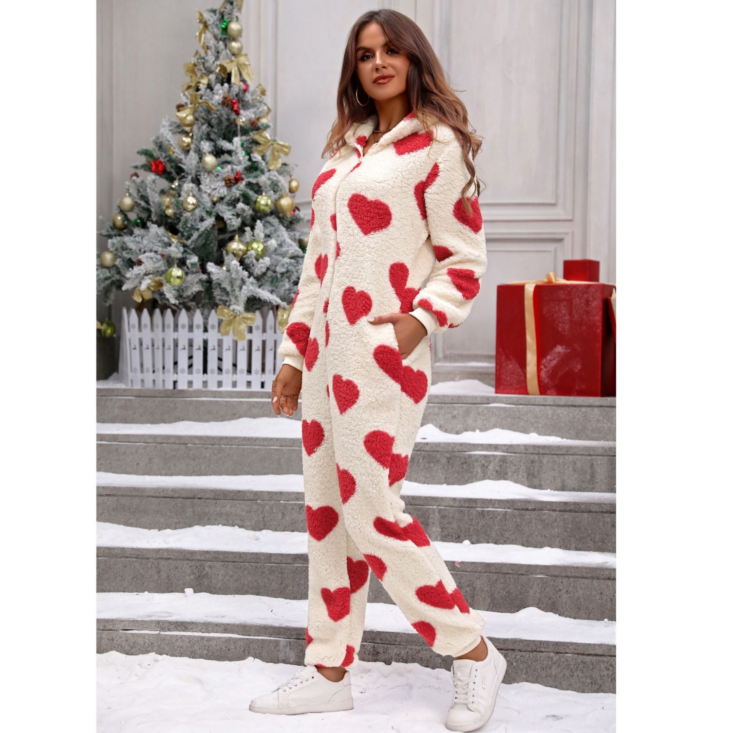 Fleece Heart Print Hooded Jumpsuit