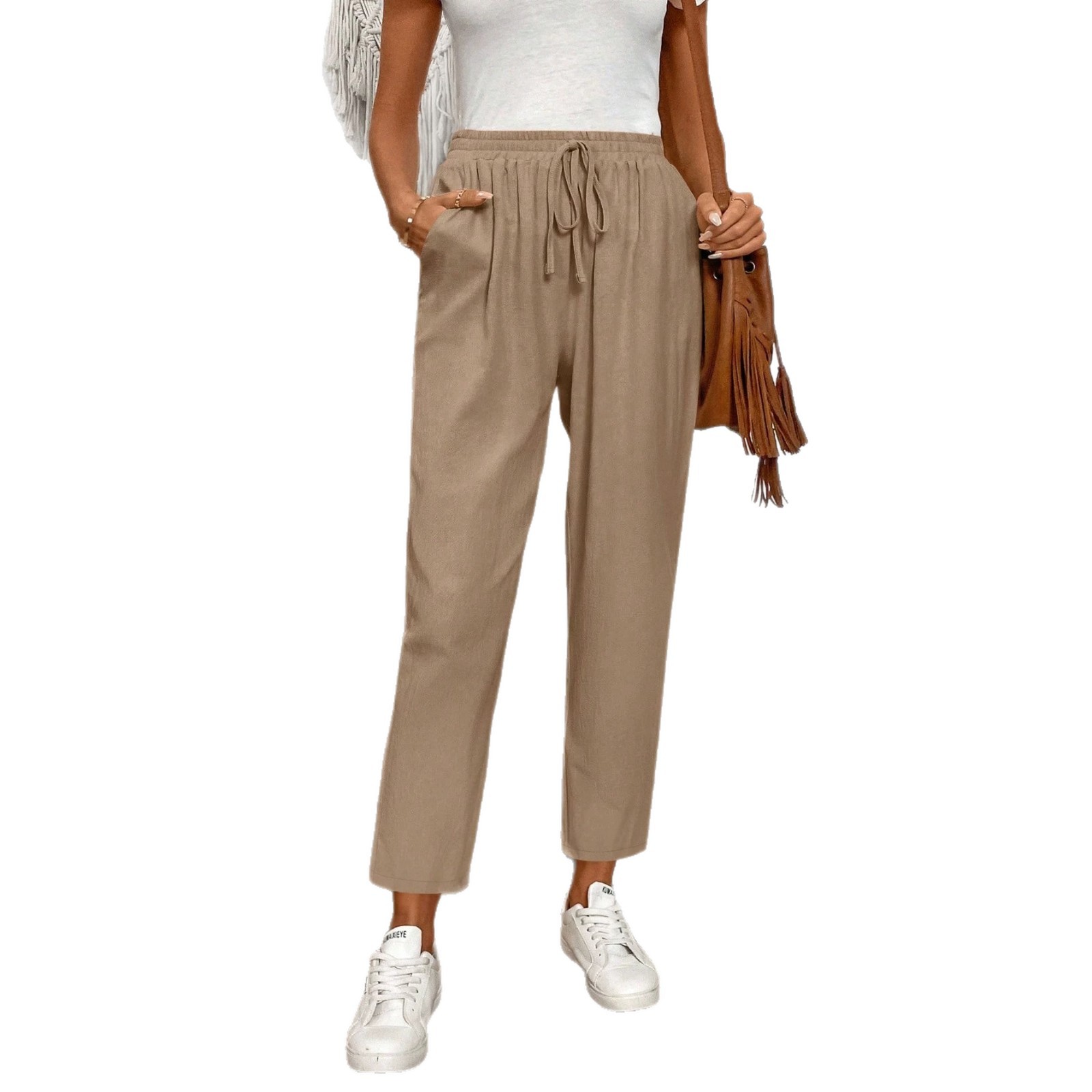 Cotton-Linen High-Waist Wide-Leg Cropped Pants Breathable Straight Tapered