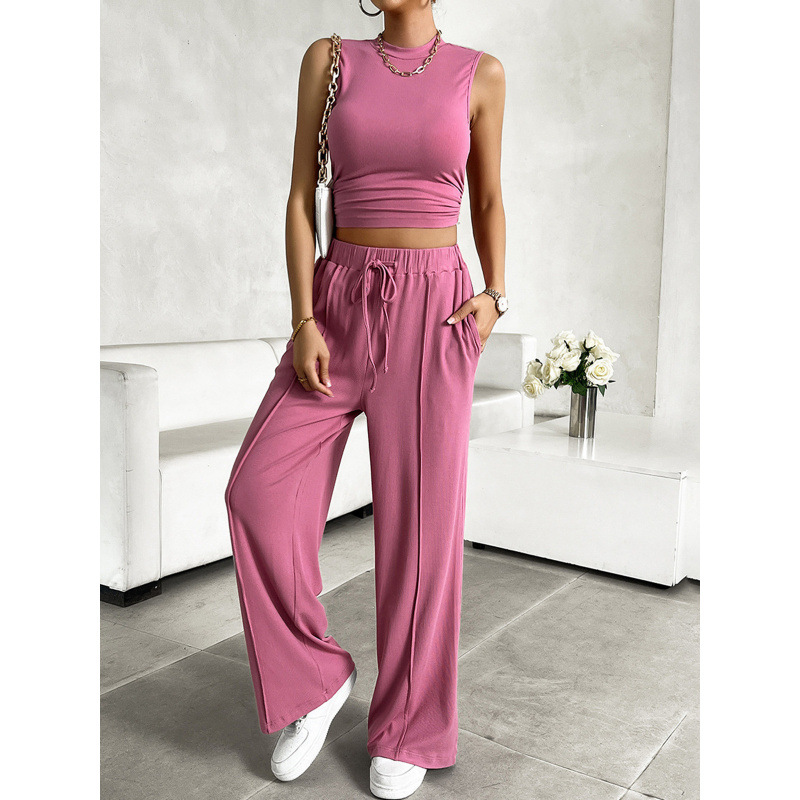 Women's Sleeveless Crop Top and Wide-Leg Pants Two-Piece Set