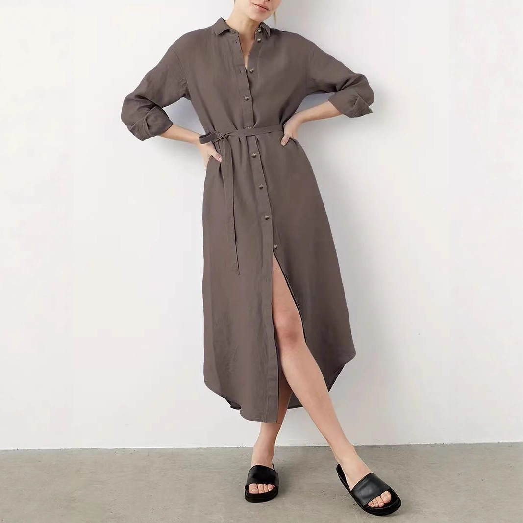 Women's Elegant Loose Single-Breasted Belted Shirt Dress Long Sleeve Midi