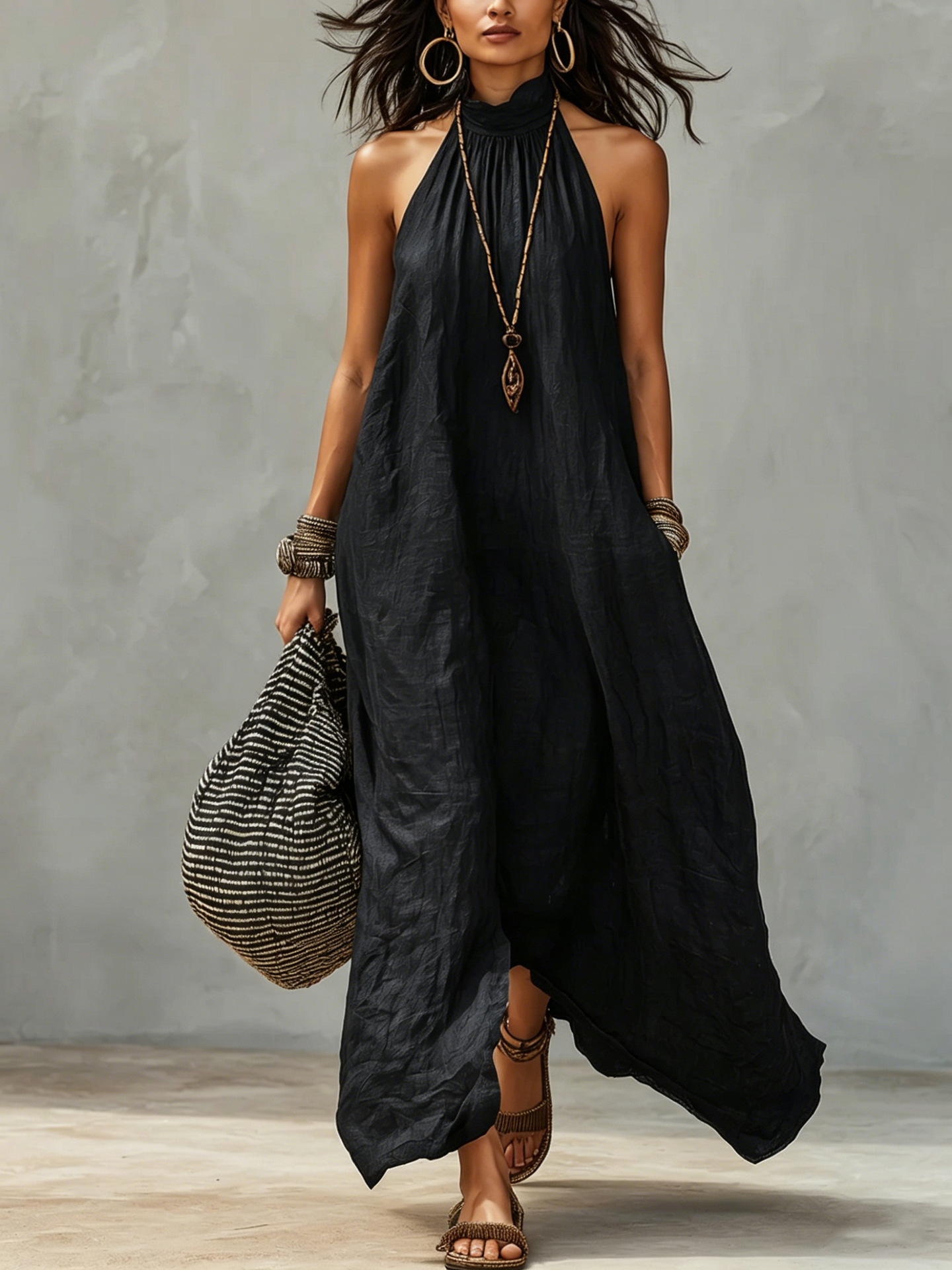 Women's Halter Neck Backless Pleated Boho Maxi Dress