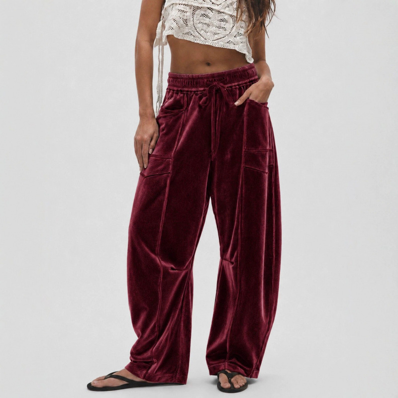 Women's Loose Wide-Leg Velvet Pants with Drawstring