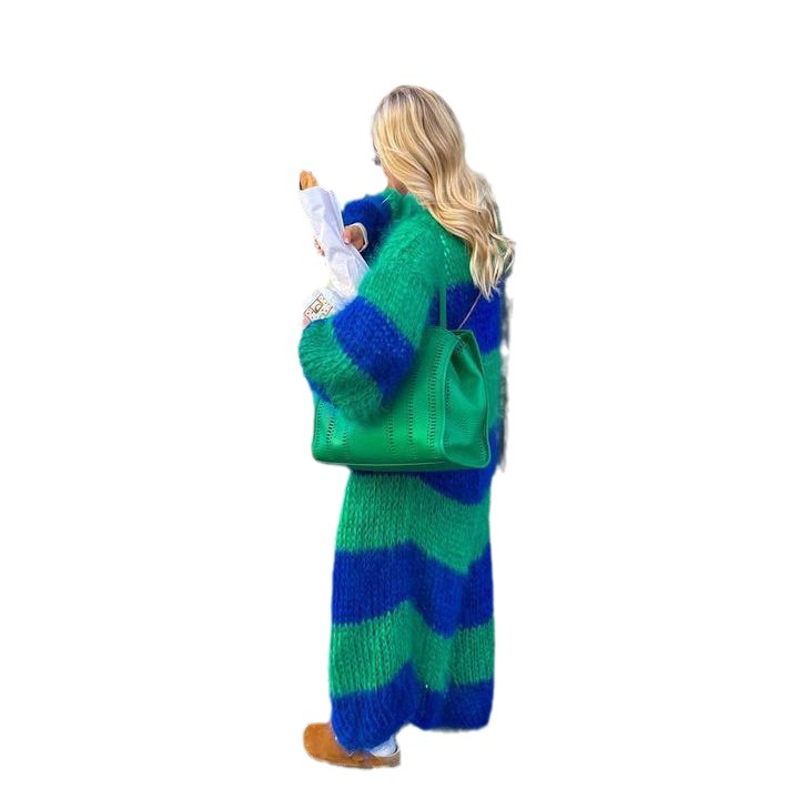 Color-Block Striped Knit Long Cardigan Sweater Coat