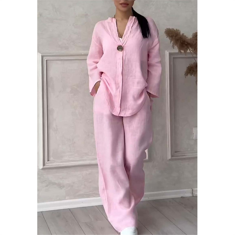 Women's Solid Color Short Sleeve Shirt and Long Pants Set Casual Two-Piece Outfit