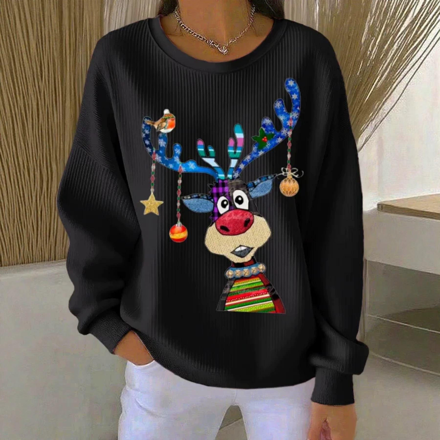 Christmas Print Crewneck Long Sleeve Pullover Sweatshirt