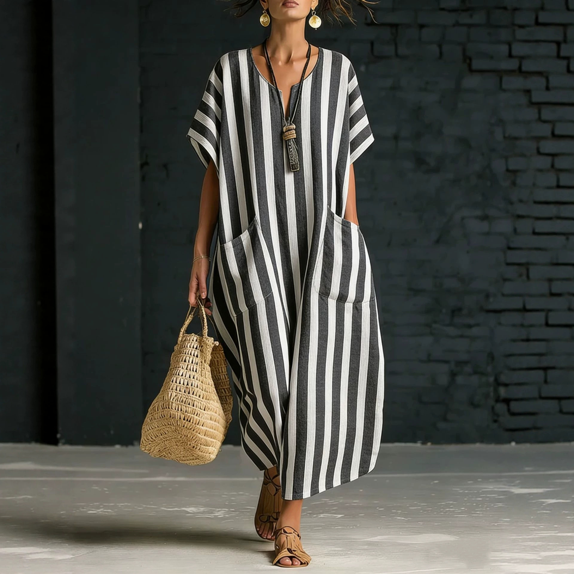 Women's Loose V-Neck Striped Print Dress with Pockets
