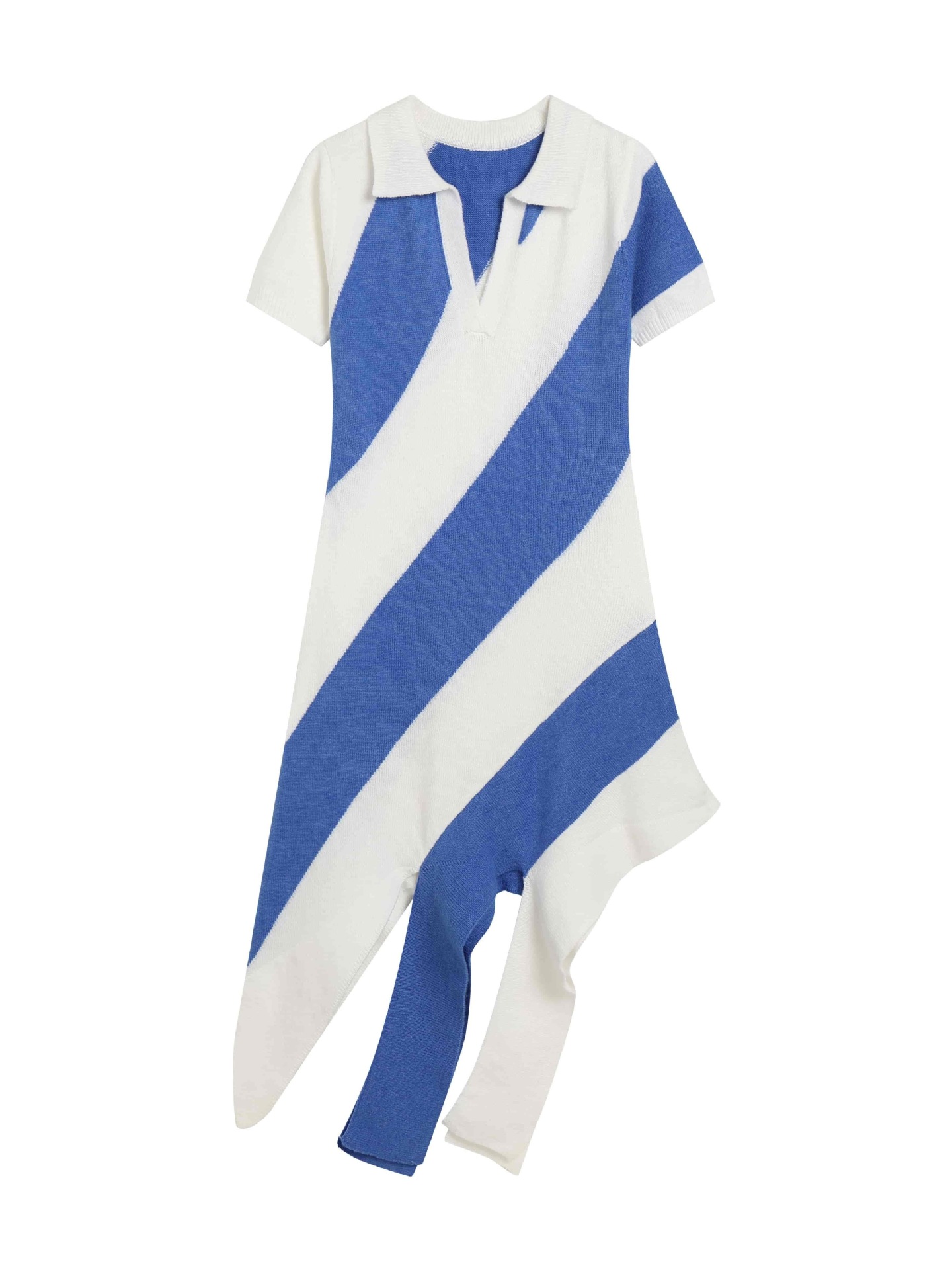 Slim-Fit Knit Polo Dress with Fringe Striped Color-Block Short Sleeves