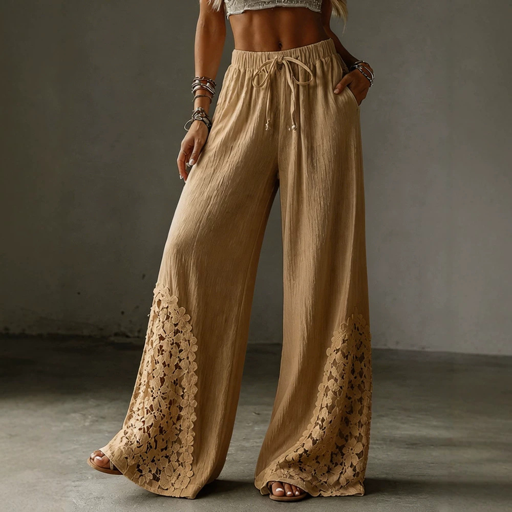 Women's Solid Lace Pocket Drawstring Wide-Leg Pants