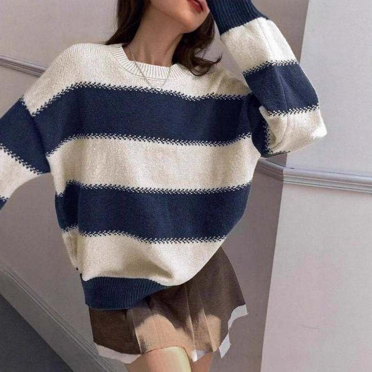 Striped Color-Block Long-Sleeve Knit Sweater Women's Crewneck Pullover