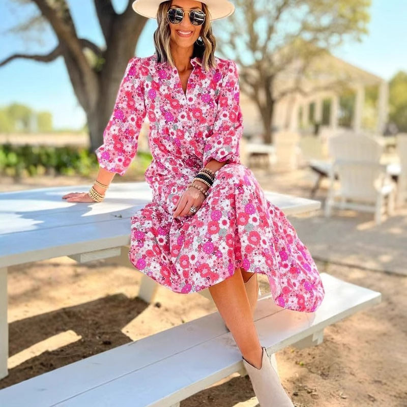 Boho Floral V-Neck Long Sleeve Bubble Sleeve A-Line Maxi Dress