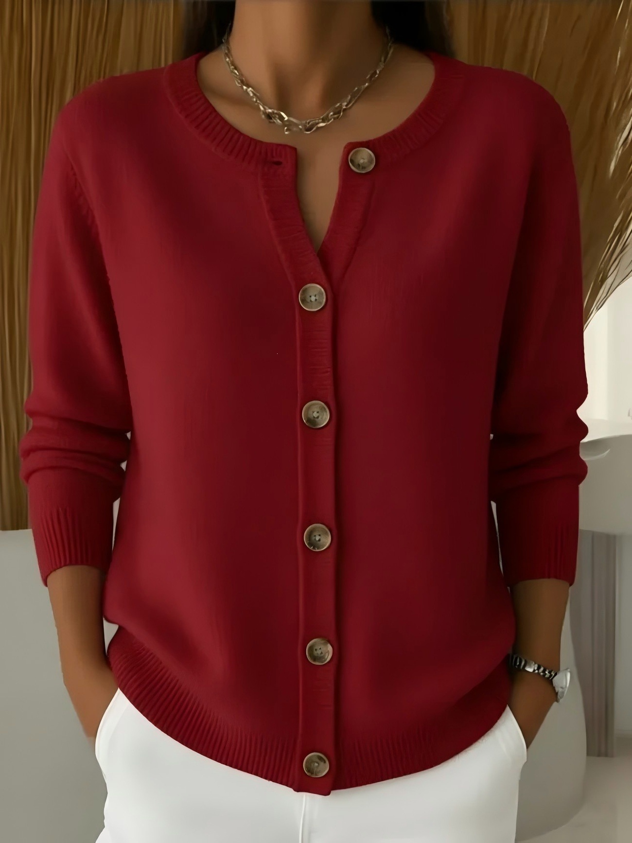 Women's Button-Up Knit Cardigan Crewneck Loose Fit Solid Color