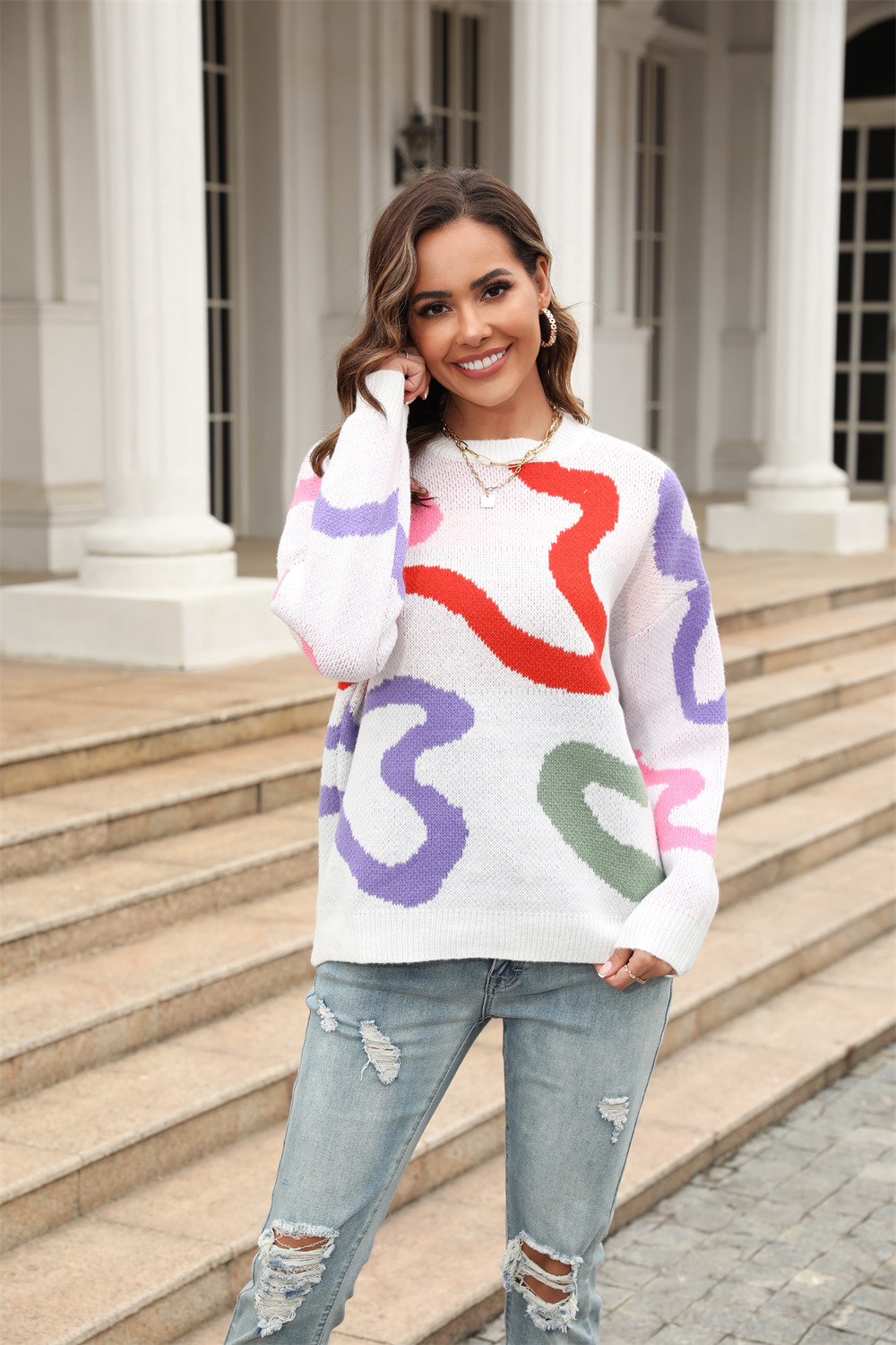 Geometric Color-Block Crewneck Knit Sweater, Loose Pullover