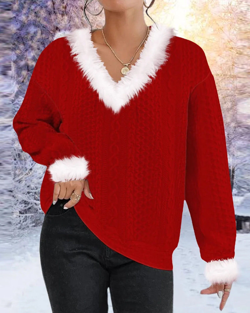 Women's Loose V-Neck Long Sleeve Cable Knit Sweater Solid Color Pullover