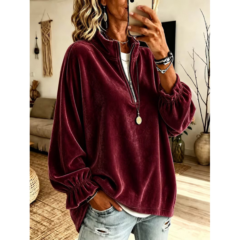 Women's Casual Zip-Up Loose Sweatshirt with Lapel Collar