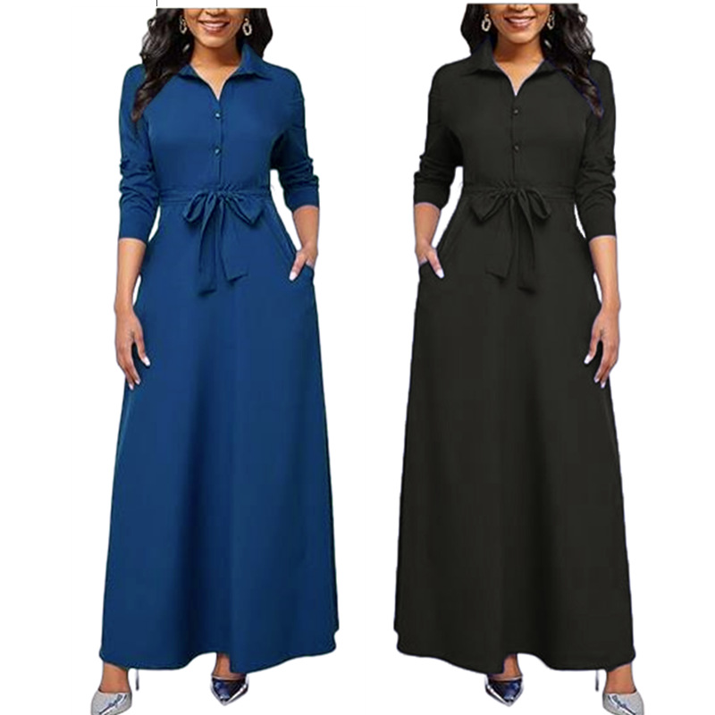 Women's Long Sleeve A-Line Midi Dress with Waist Tie and Blazer Collar
