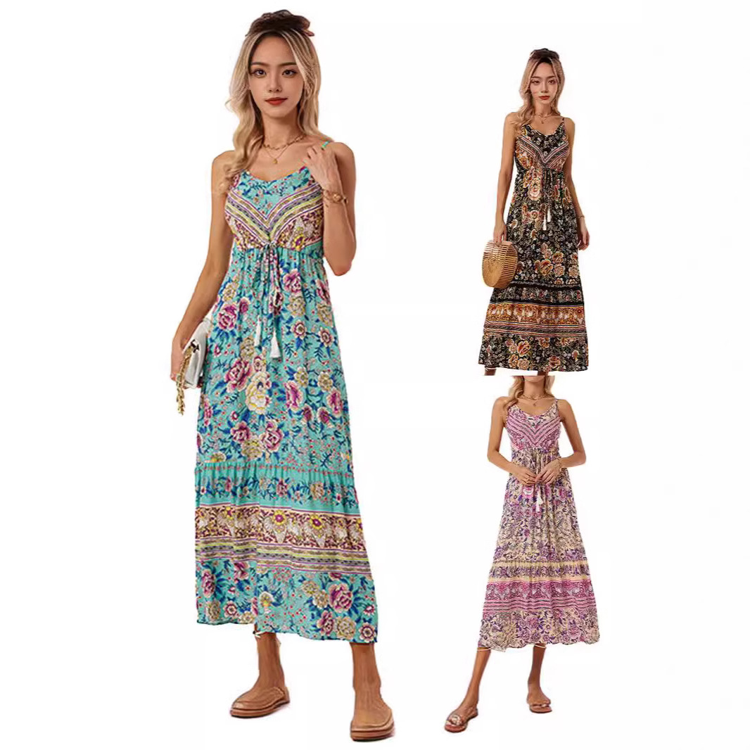 Bohemian Printed Sleeveless V-Neck A-Line Maxi Dress with Tassels