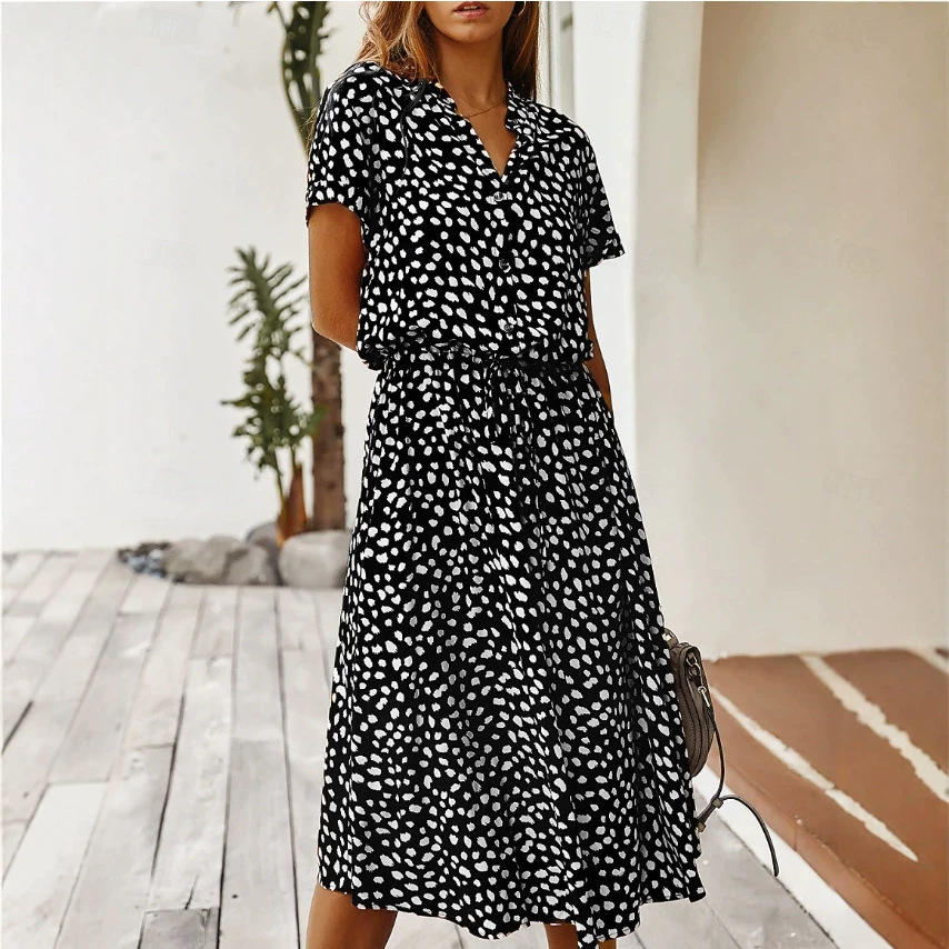 Women's Polka Dot Button-Front Tie Dress with Stone Floral Print