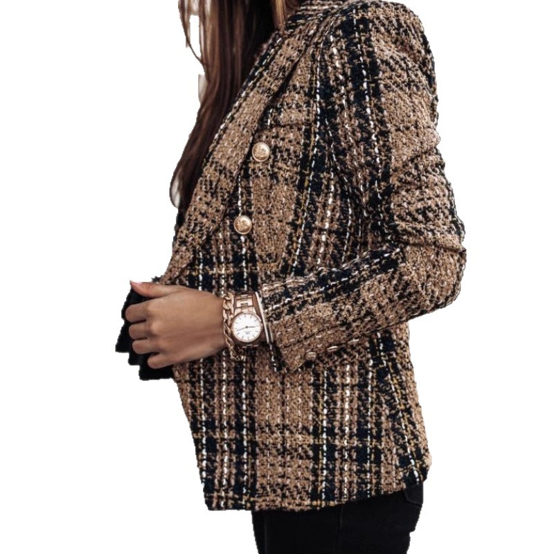 Women's Long Sleeve Double-Breasted Blazer with Suit Collar and Print