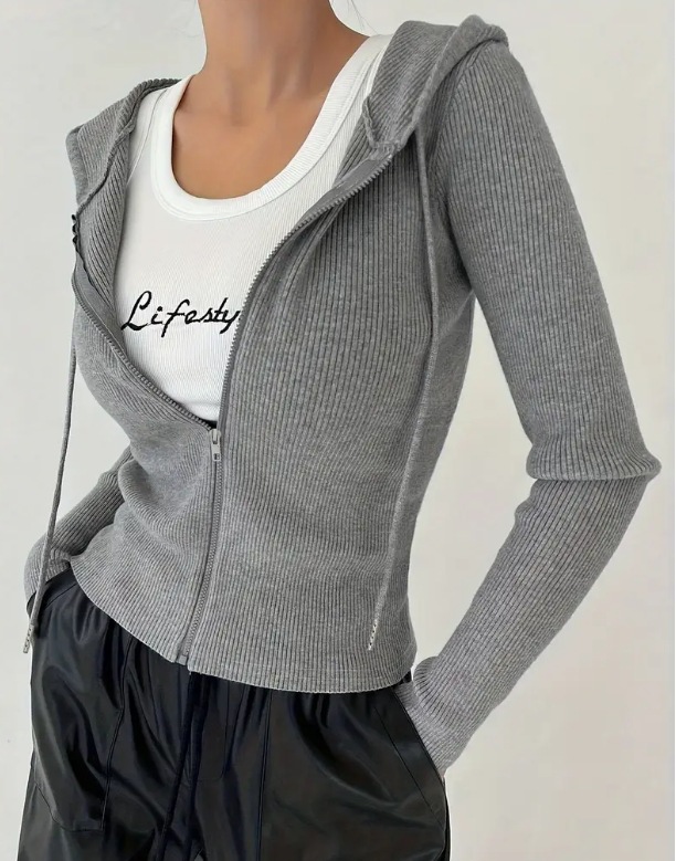 Solid Color Slim Fit Hooded Zip-Up Jacket Casual Women's Top