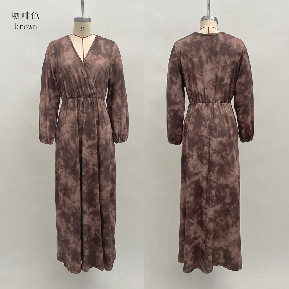 Women's V-Neck Long Sleeve Waist-Cinched A-Line Maxi Dress