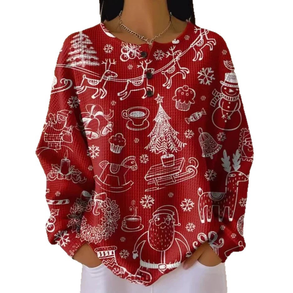 Women's Retro 3D Print Three-Button Stand Collar Polo Sweatshirt