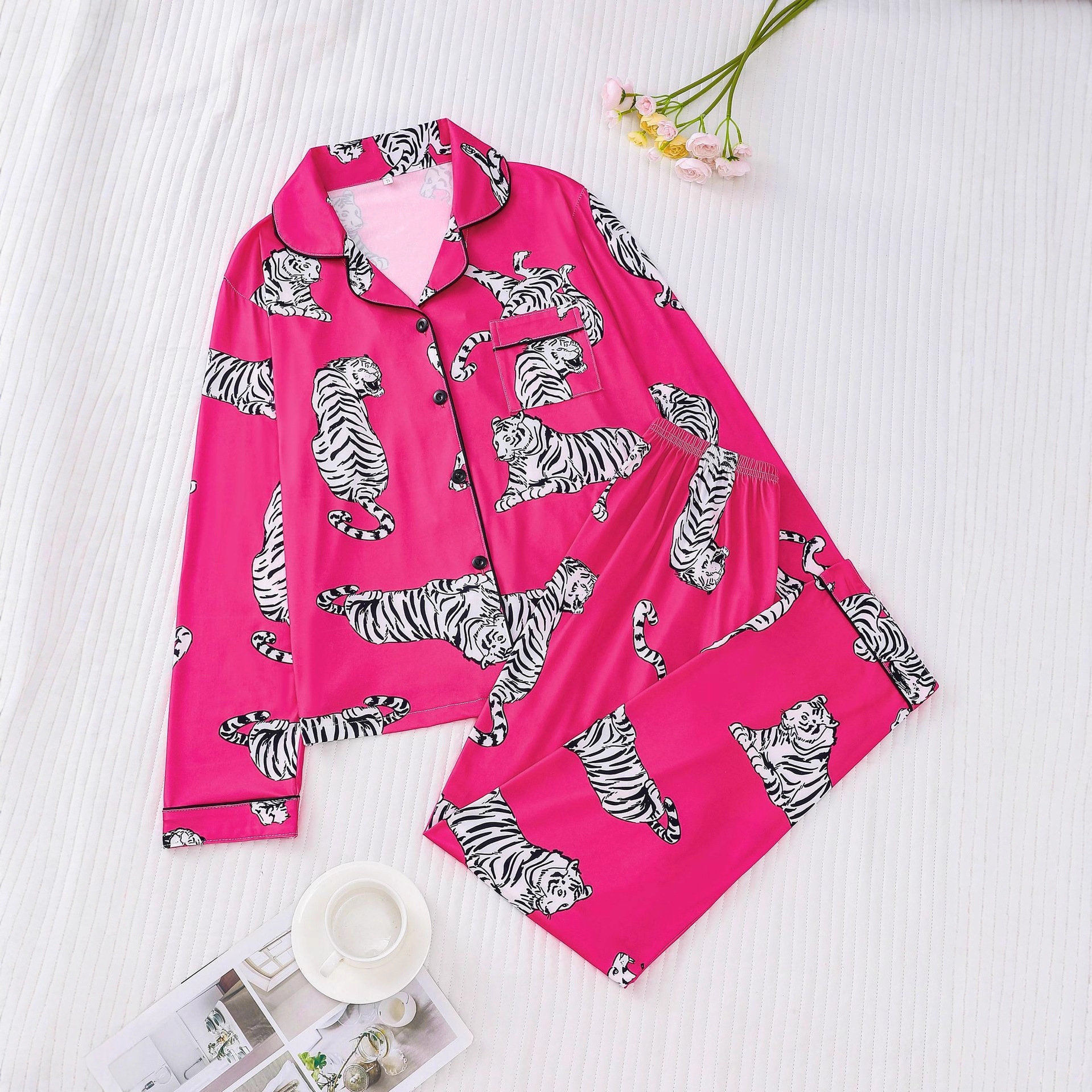 Women's Cuban Collar Leopard Print Long Sleeve Lounge Set