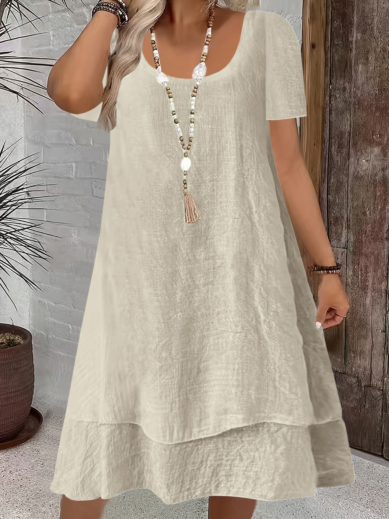Women's Casual Loose Short Sleeve Solid Crewneck Double-Layer Dress