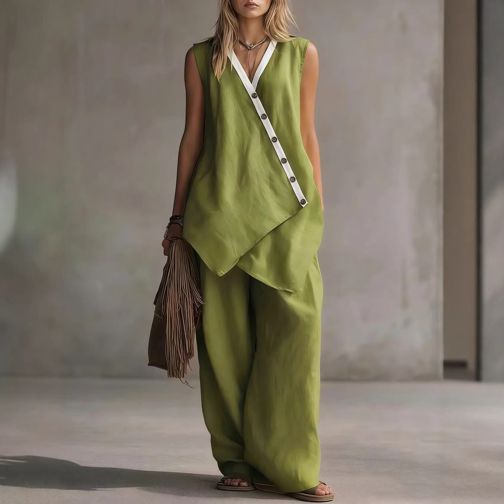 Bohemian V-Neck Button Tank Top & Wide-Leg Pants Casual Set