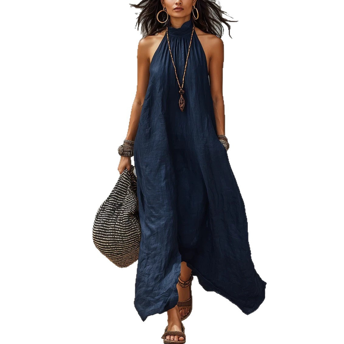 Women's Halter Open-Back Pleated A-Line Maxi Dress