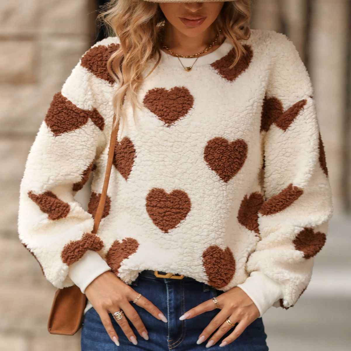 Fuzzy Fleece Heart Print Loose Long-Sleeve Crewneck Pullover Sweatshirt