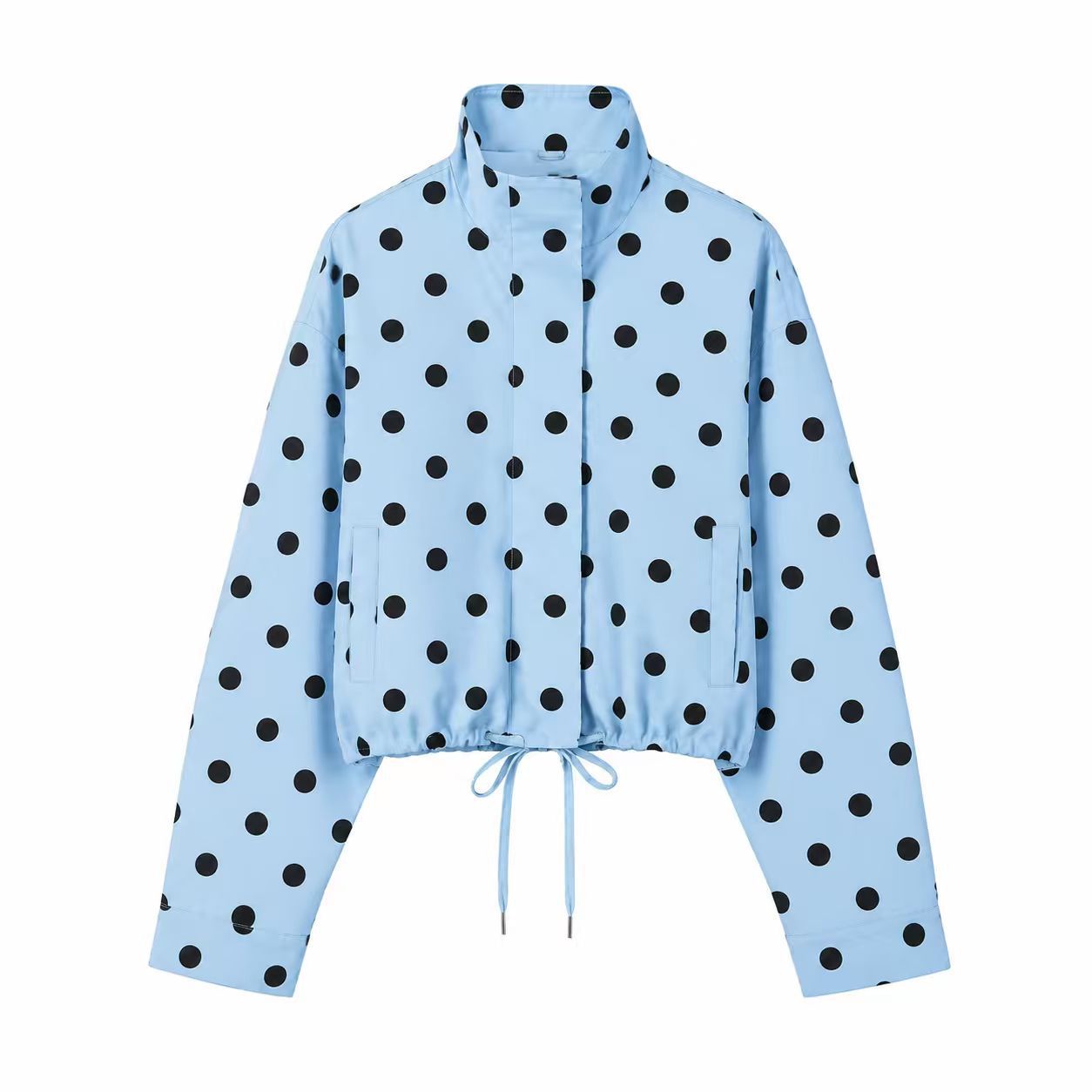 Women's Polka Dot Zip-Up Jacket with Drawstring Stand Collar