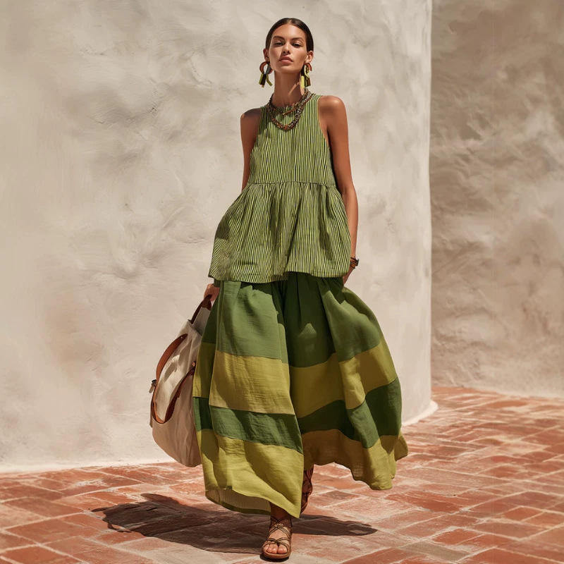 Retro Striped Top and Color-Block Wide-Leg Pants Set