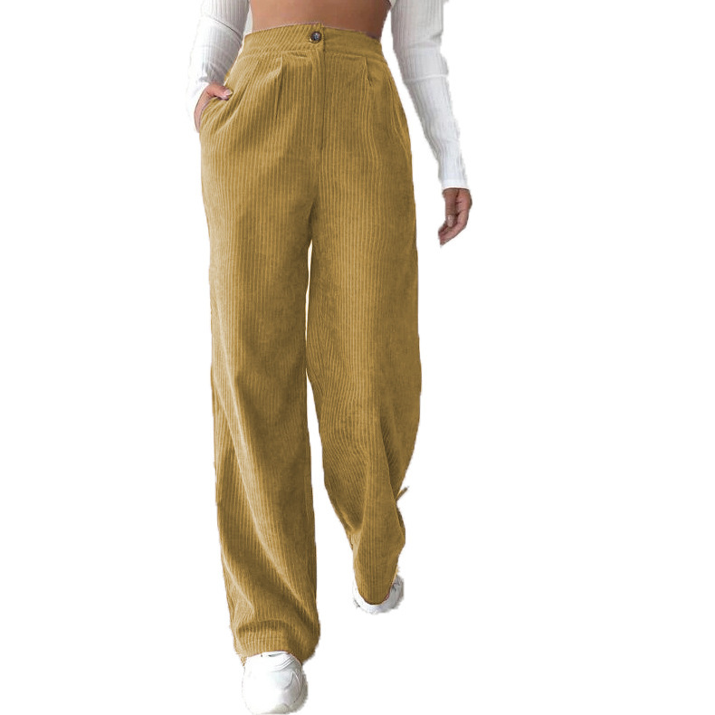 Women's High-Waist Corduroy Straight-Leg Pants Solid Color Casual Trousers