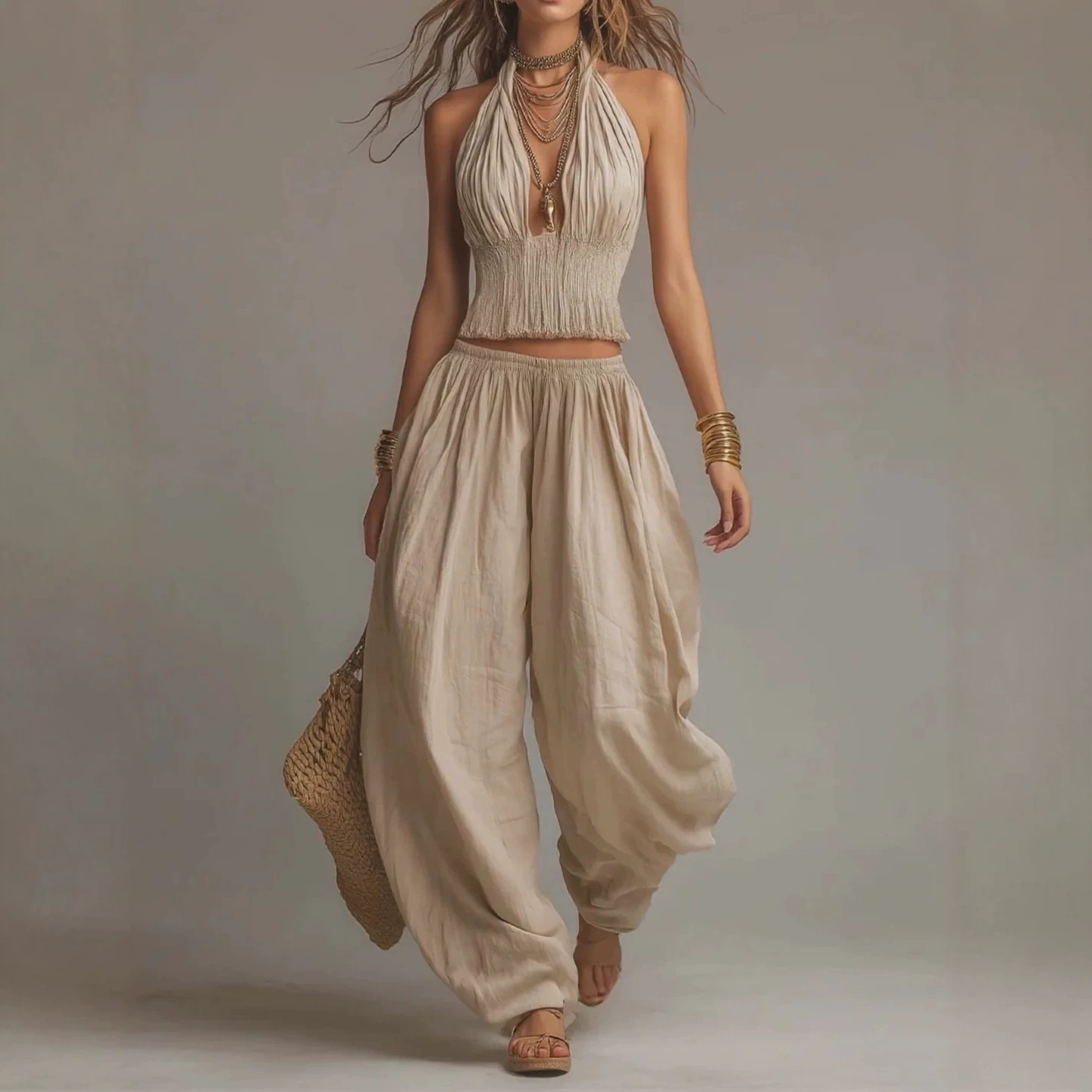 Sleeveless Halter Open-Back Top and Wide-Leg Pants Two-Piece Set