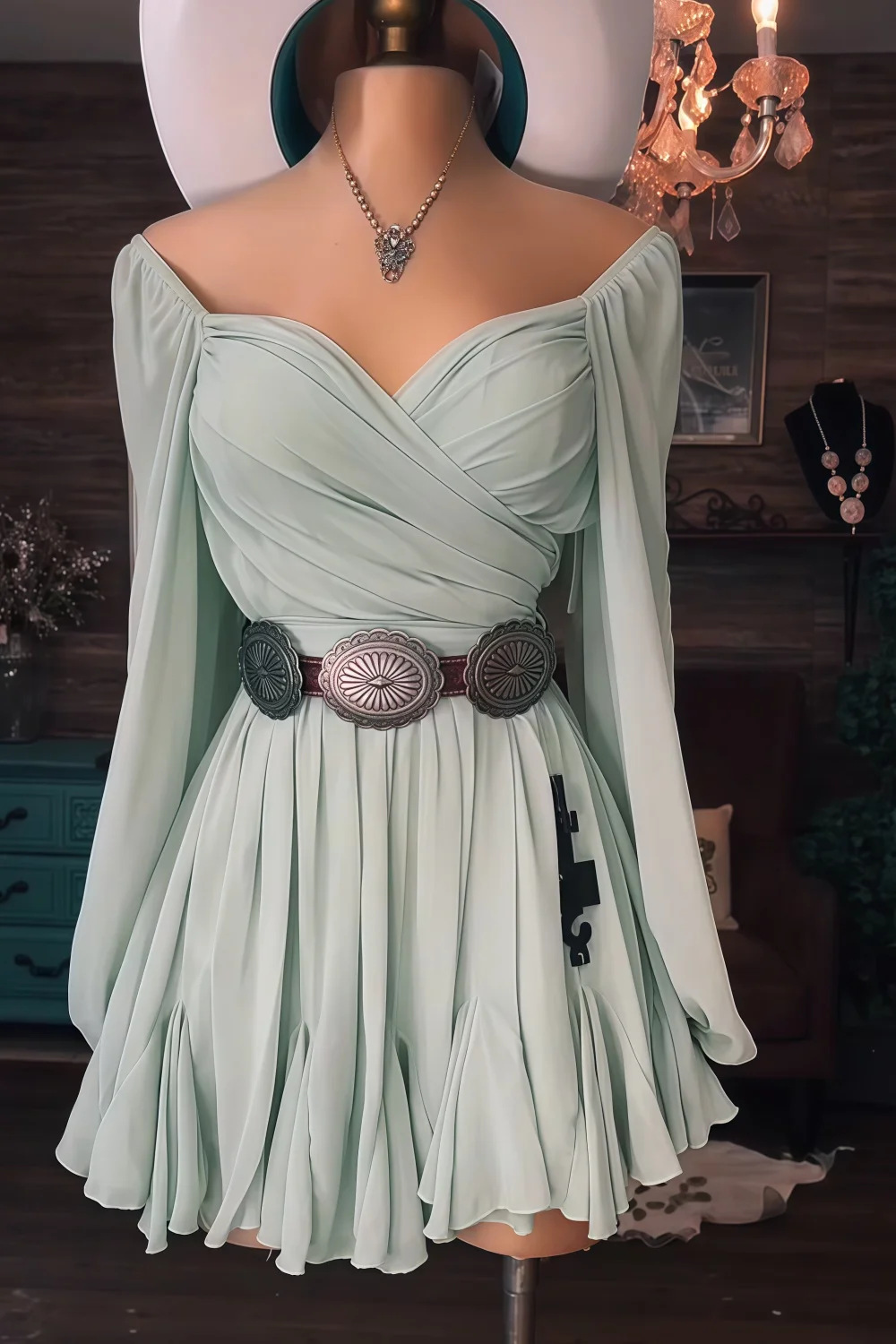 Western-Style Sheer Mesh Long-Sleeve Ruched Dress with Strapless Bodice