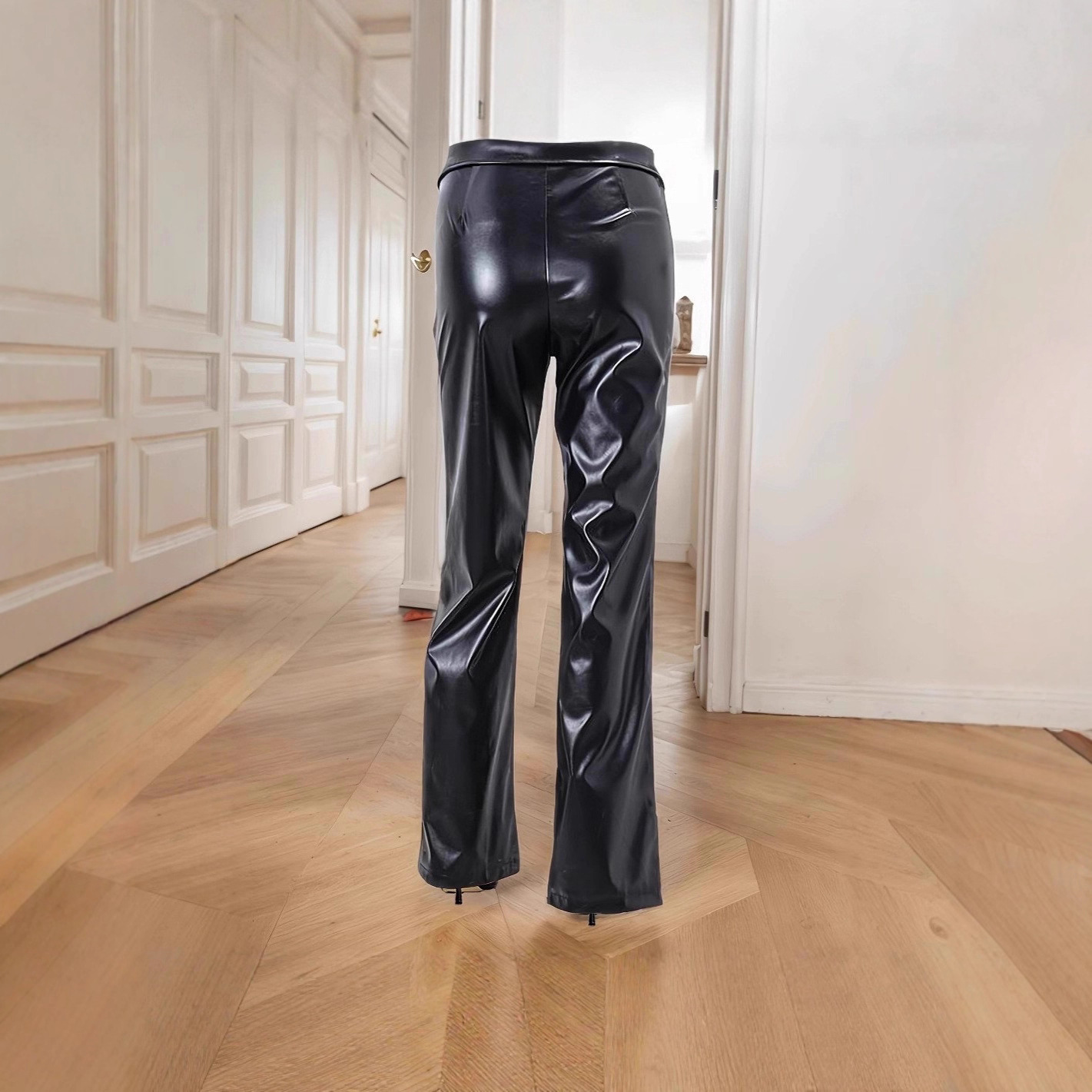 High-Waisted PU Leather Straight-Leg Pants with Metal Zip
