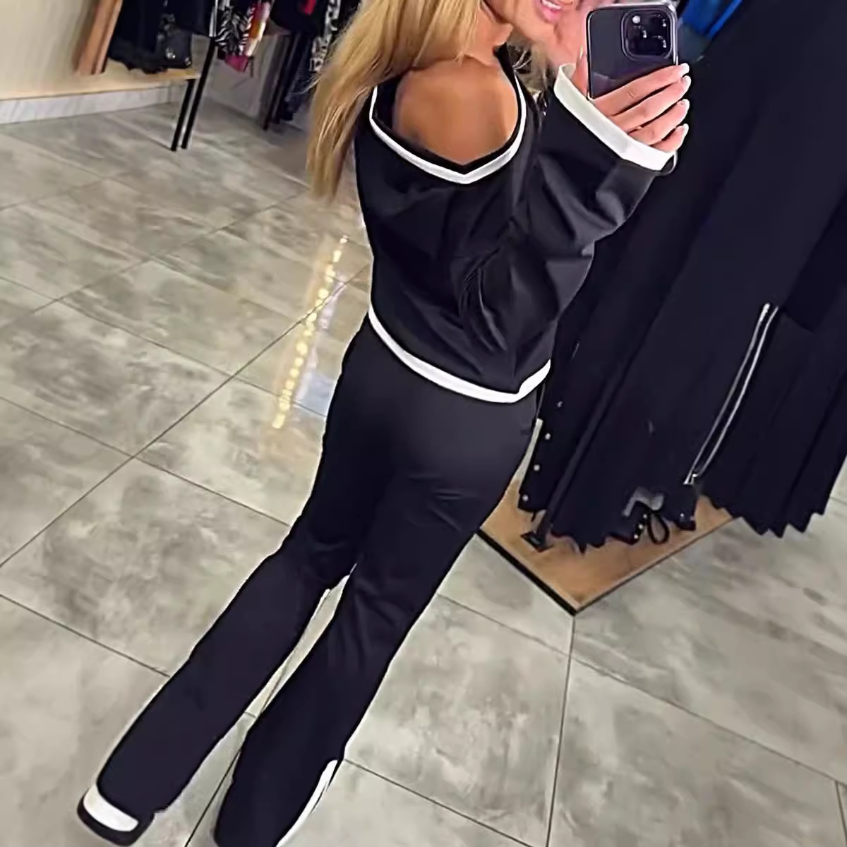 Women's Casual Color-Block One-Shoulder Long-Sleeve Two-Piece Set