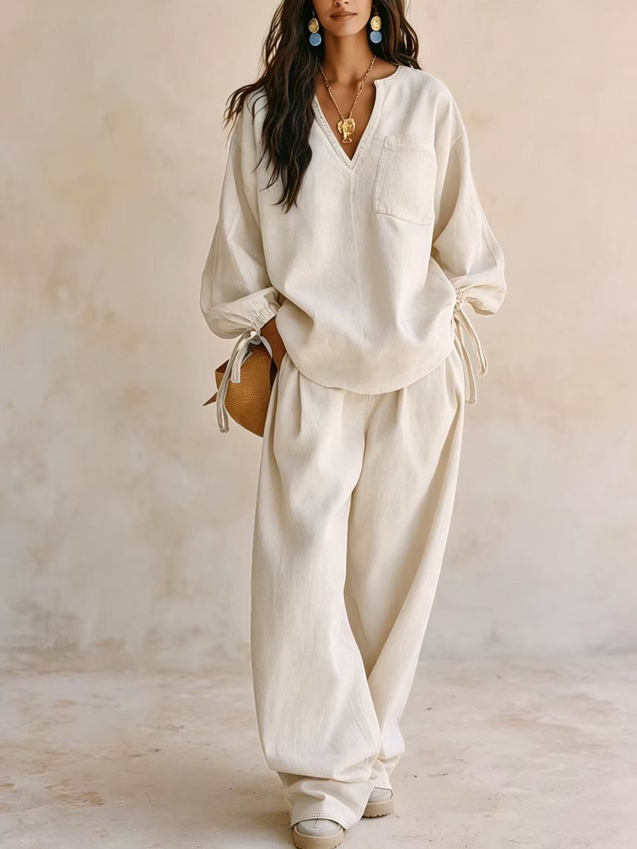 Women's Casual Long Sleeve Wide Leg Pants Solid Color Set
