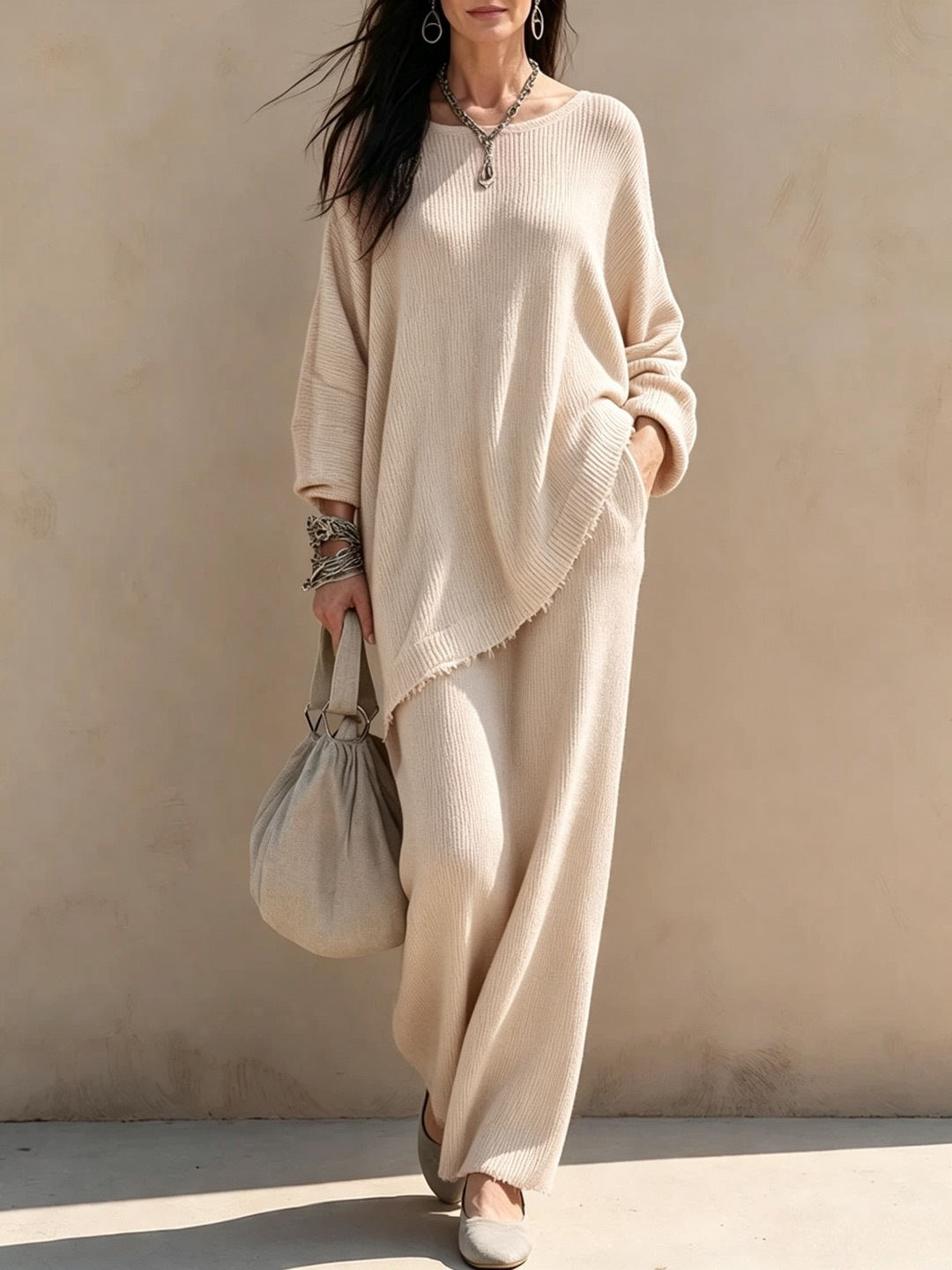 Women's Knit Two-Piece Sweater and High-Waist Midi Skirt Set