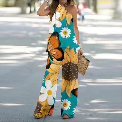 3D Print Halter Sleeveless Two-Piece Set Elegant Women's Outfit