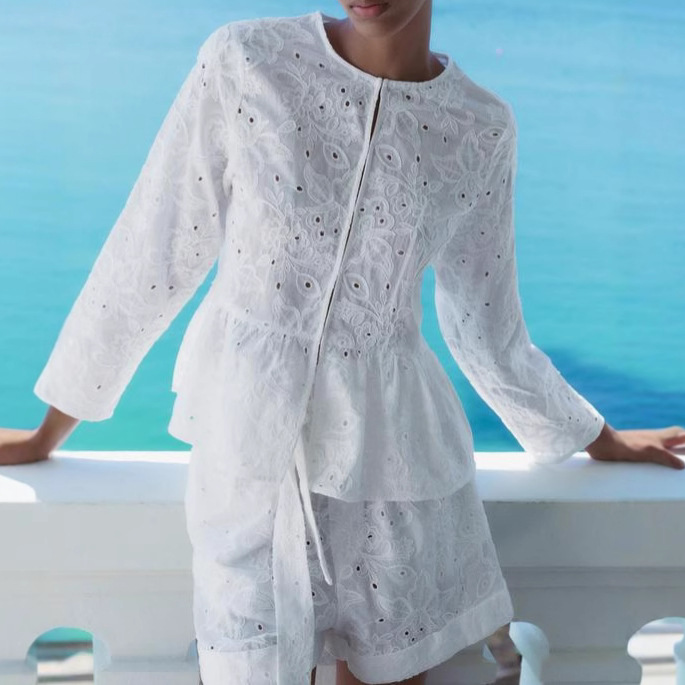 White Embroidered Cutout Shirt and Shorts Set