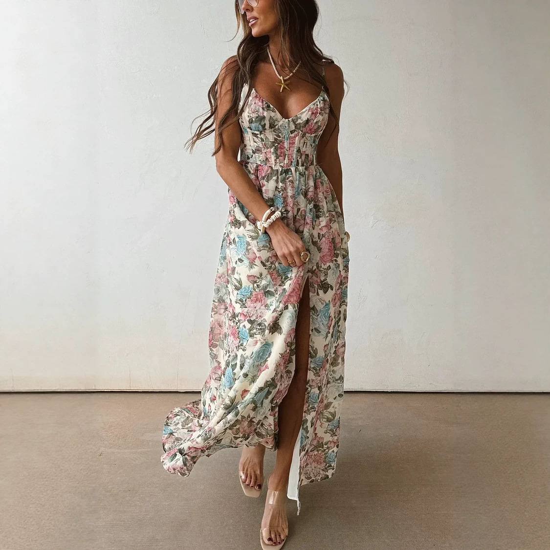 Vintage Floral V-Neck High-Slit Cami Maxi Dress
