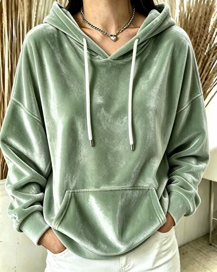 Velvet Hooded Drawstring Pocket Pullover Sweatshirt