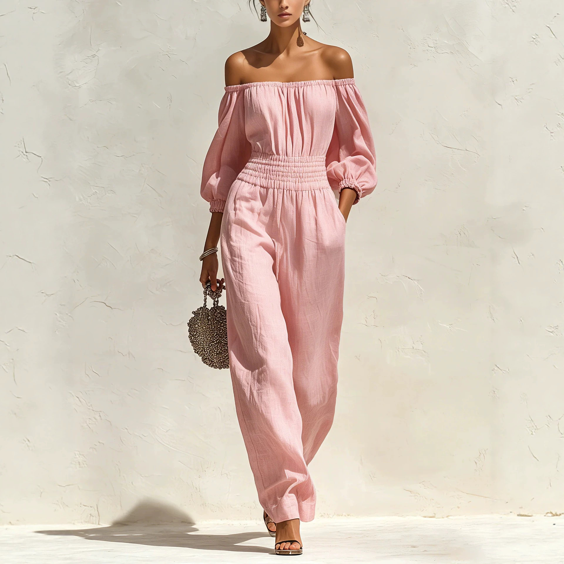 Women's Off-Shoulder Long Sleeve Wide Leg Jumpsuit with Elastic Waist